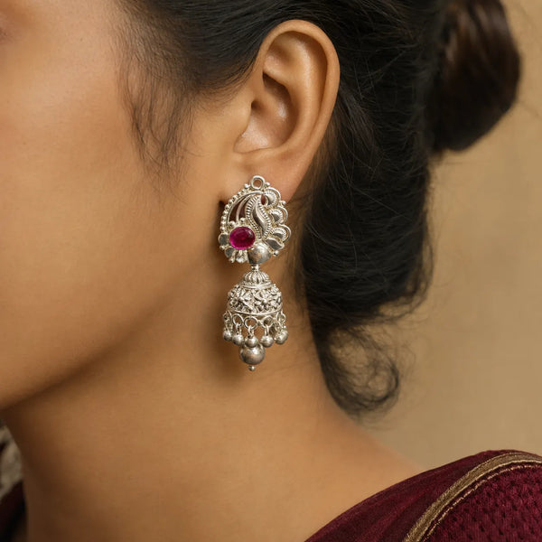 Ruby Peacock Silver Jhumki