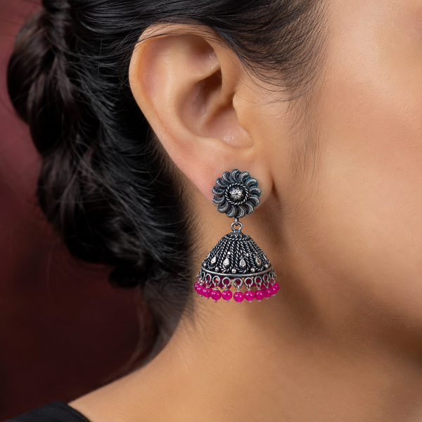 925 Silver Oxidized Pink Bead Jhumka Earrings