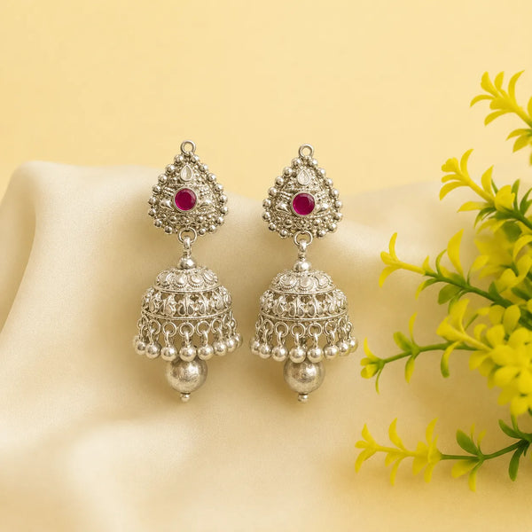 Royal Ruby Drop Silver Jhumki