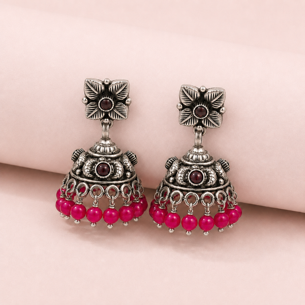 925 Silver Oxidized Floral Jhumka Earrings with Pink Beads