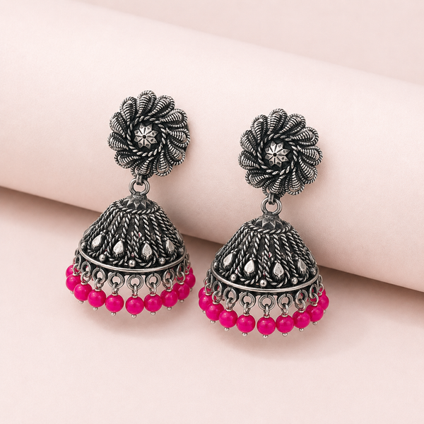 925 Silver Oxidized Pink Bead Jhumka Earrings