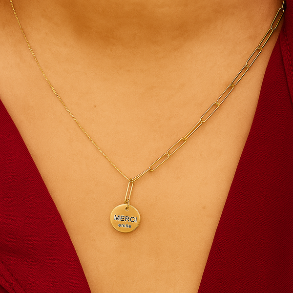 Merci Smile Engraved Gold-Tone silver  Pendant Necklace
