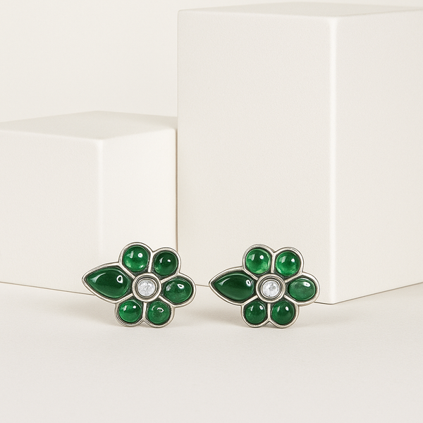Silver Green Stone Floral Stud Earrings