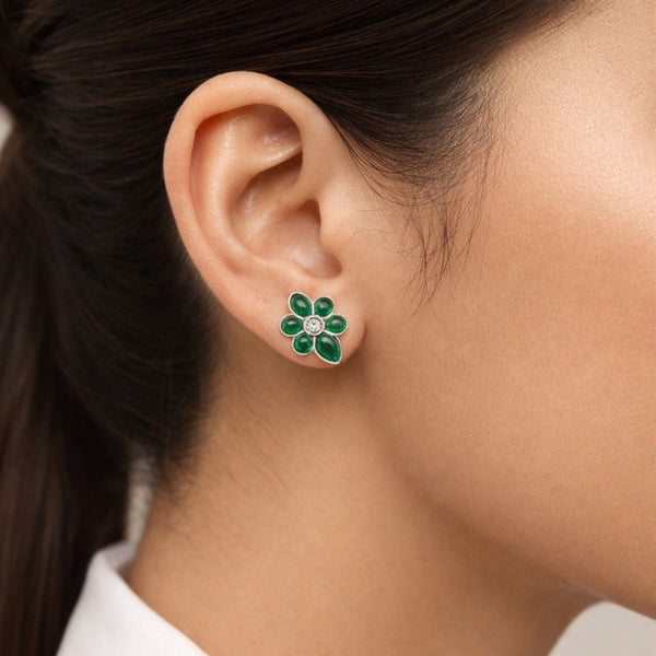 Silver Green Stone Floral Stud Earrings