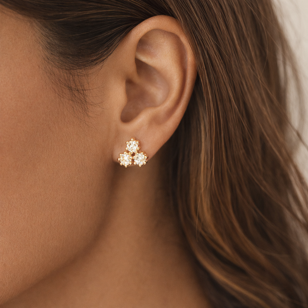 Silver Gold-Plated Triple  Cluster Stud Earrings