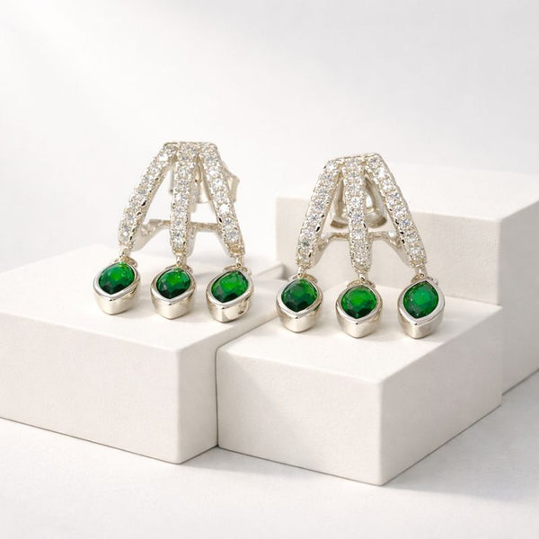 Silver Emerald Drop Triple-Loop  Stud Earrings