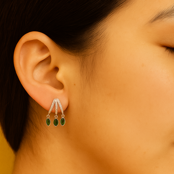 Silver Emerald Drop Triple-Loop  Stud Earrings