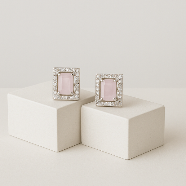 Silver Pink Emerald-Cut Halo Stud Earrings