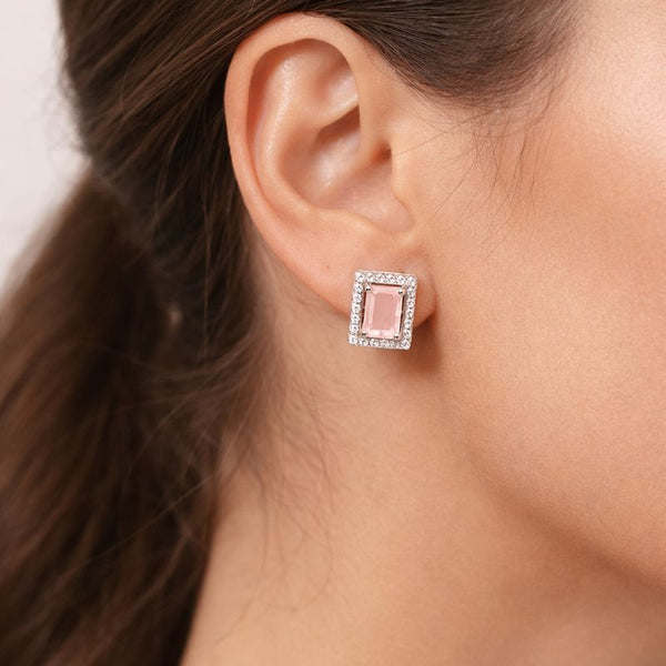 Silver Pink Emerald-Cut Halo Stud Earrings