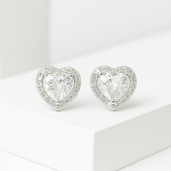 Silver Heart Halo zircon Stud Earrings