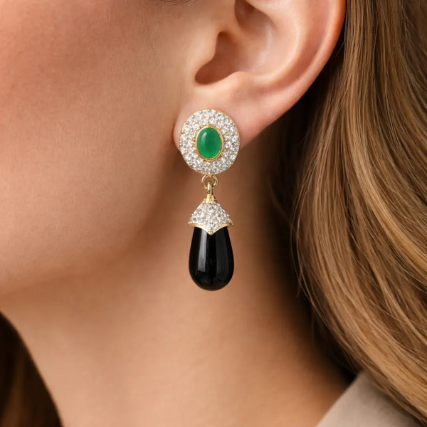 Emerald & Onyx Halo Drop Earrings