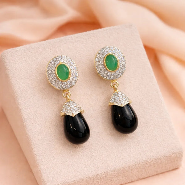 Emerald & Onyx Halo Drop Earrings