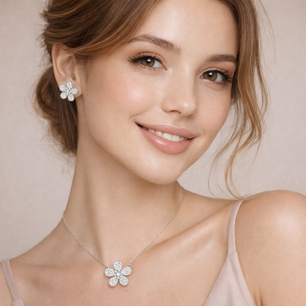 Sparkling Silver Floral Pendant Set
