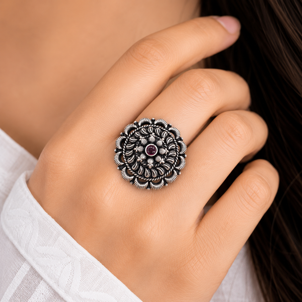 Oxidised Silver Floral Ruby Ring | Frolic Jewels