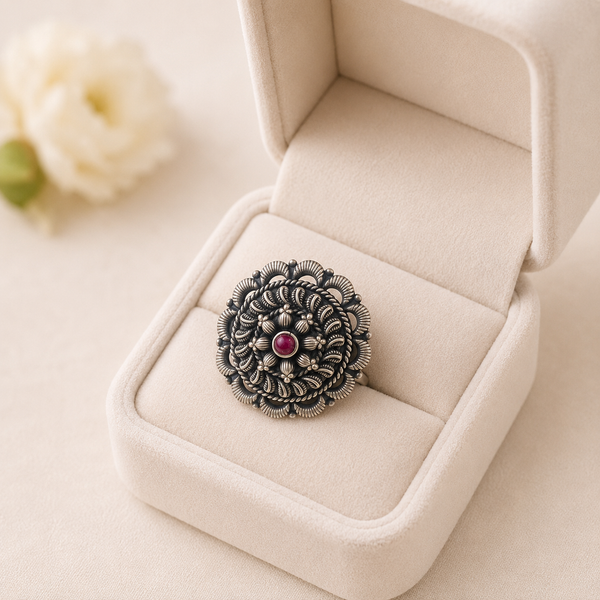 Oxidised Silver Floral Ruby Ring | Frolic Jewels